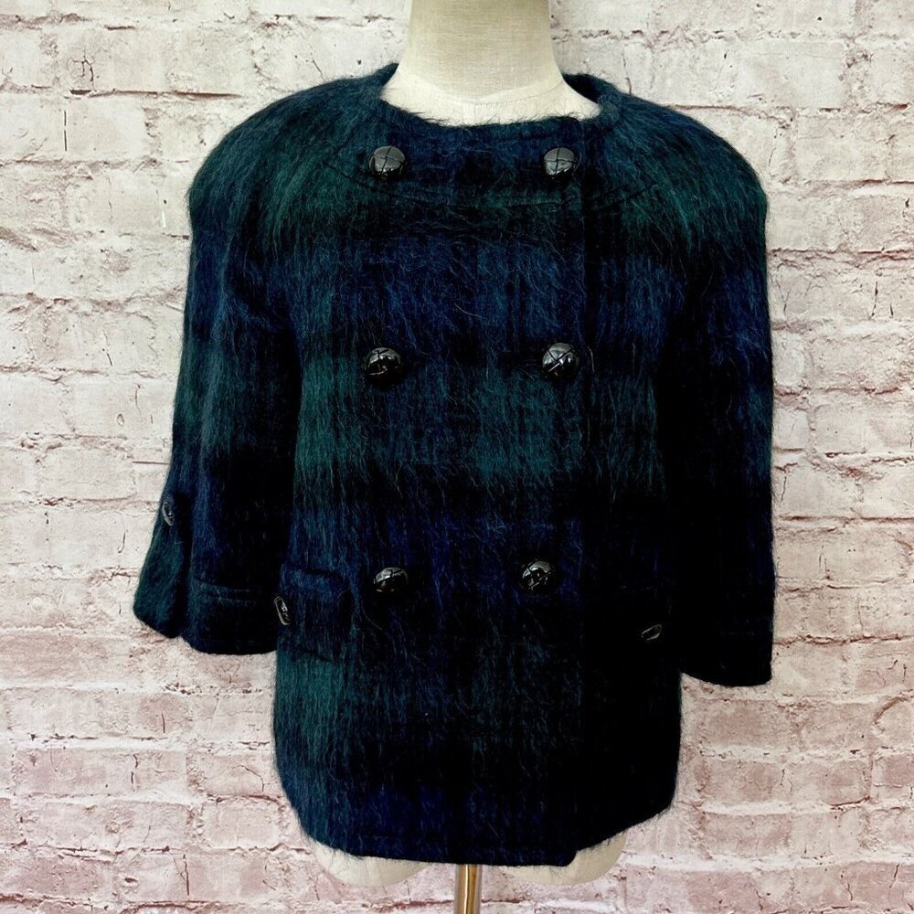 Talbots Womens 4 Black Watch Plaid Jacket Cropped Y2K Wool Alpaca Mohair Blend
